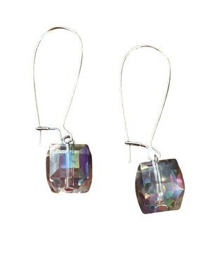 Silver Tone Hook Earrings Swarovski Crystal Aurora Borealis Cube 1.75" NWOT